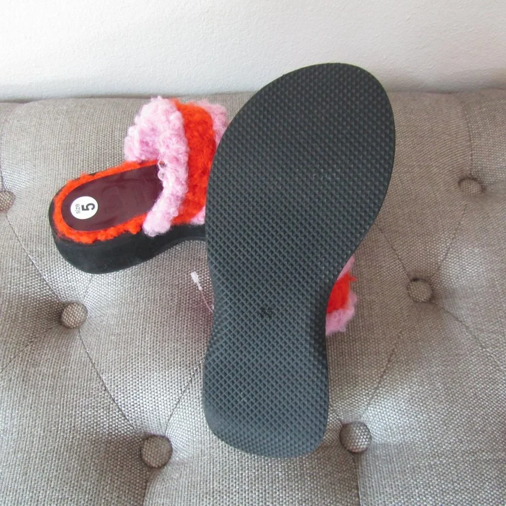 NWOT STAUD Pink and Orange Fuzzy Platform Slide Sandals